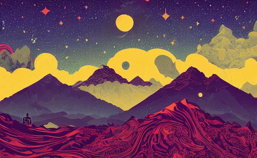 Image similar to mountains, stars and paisley filled sky, artstation, intricate, highly detailed, digital painting, concept art, sharp focus, illustration by tom whalen and kilian eng and james jean