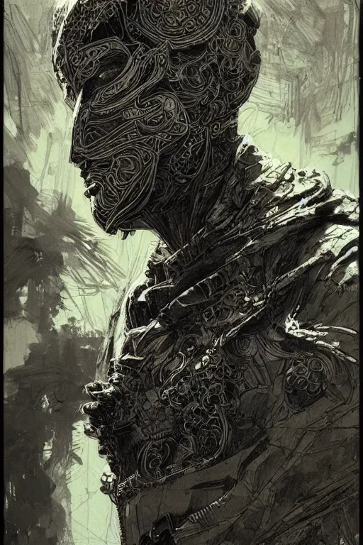 Prompt: portrait of a person wearing a really cool mask, colorpen and ink, neon, intricate line drawings, by craig mullins, ruan jia, kentaro miura, greg rutkowski