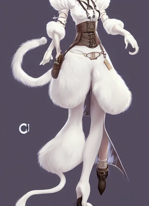 Prompt: wide angle beautiful full body portrait of a strong female anthropomorphic anthro white lynx fursona wearing a steampunk dress. character design by disney, anime, manga, charlie bowater, ross tran, artgerm, and makoto shinkai, detailed, soft lighting, rendered in octane