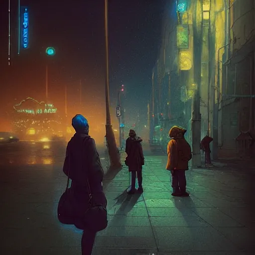 Prompt: some people waiting at bus stop in dark city night : : by beeple and james gilleard and justin gerard : :, centered, artstation, smooth, sharp focus, photoreal octane render, 3 d, by jean - baptiste monge!!!!!!!