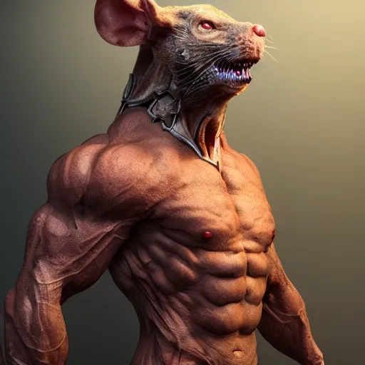 Image similar to rat - man hybrid, body builder body, hyper detailed, digital art, trending in artstation, cinematic lighting, studio quality, smooth render, unreal engine 5 rendered, octane rendered, art style by klimt and nixeu and ian sprigger and wlop and krenz cushart