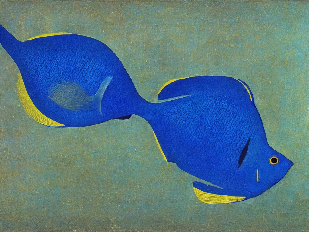 Image similar to close up exotic blue - faced angelfish fish at night with delicate woman hands. lapis lazuli, malachite, cinnabar, gold. painting by piero della francesca, balthus, agnes pelton