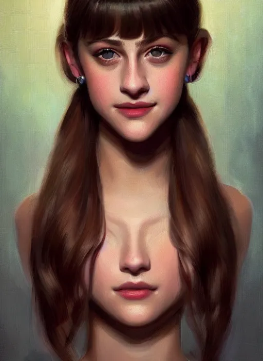 Image similar to portrait of teenage lili reinhart with bangs, smiling kindly, bangs, 1 9 6 0 s, ponytail, bangs and ponytail, intricate, elegant, glowing lights, highly detailed, digital painting, artstation, concept art, smooth, sharp focus, illustration, art by wlop, mars ravelo and greg rutkowski