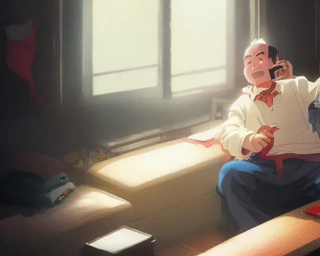 Image similar to a 50 year old brunnete happy chinese man with puffy cheeks sitting on a couch at home and talking on the phone, close up shot, anime art, Greg Rutkowski, studio ghibli, dramatic lighting