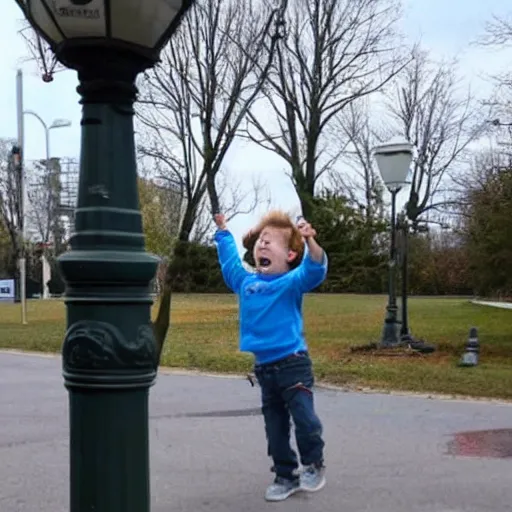 Prompt: a kid completely and unrhythmically twatting a lamp post with a stick