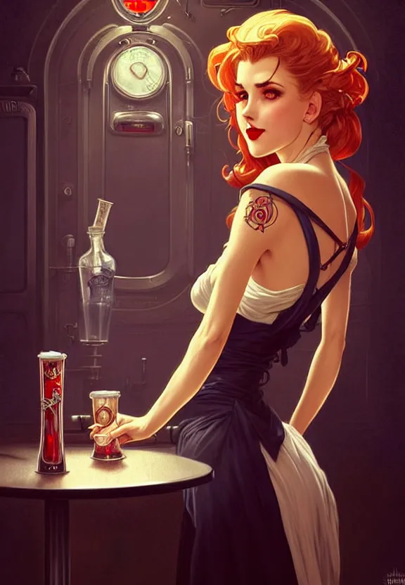 Prompt: Necromancer waitress of a small 50’s style diner serving cold drinks, fantasy magic, dark pin-up style hair, dark light night, intricate, elegant, sharp focus, illustration, highly detailed, digital painting, concept art, matte, art by WLOP and Artgerm and Greg Rutkowski and Alphonse Mucha, masterpiece