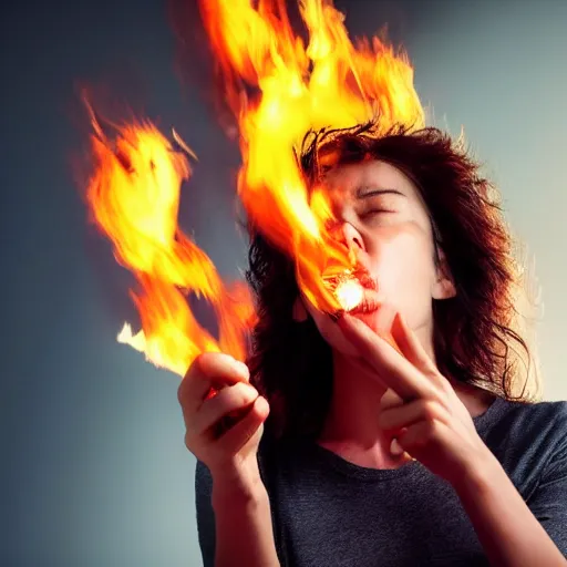 Image similar to photo of a woman blowing fire out of his mouth, movie scene, very real, astonishing, with fire effect