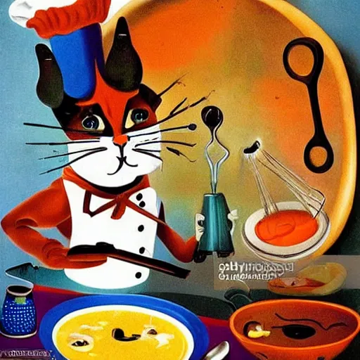 Image similar to anthropomorphic cat chef cooking a delicious colorful soup, by Salvador Dali