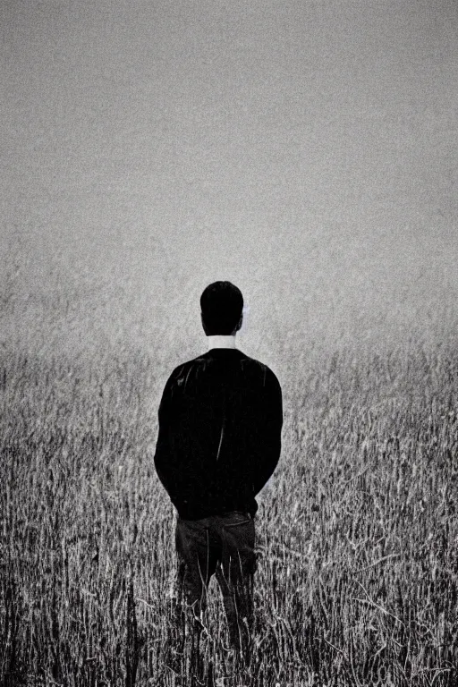 Prompt: kodak ultramax 4 0 0 photograph of a guy standing in a burning field, back view, grain, faded effect, vintage aesthetic, cel shading, toon shading