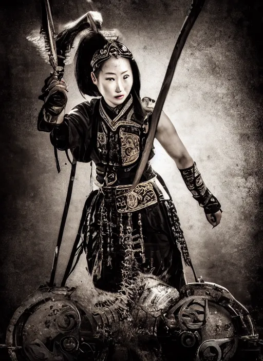 Image similar to old vintage photo of Chinese ancient warrior female on the complex steam punk hooverboard with Jet engine, extreme sports photography , dynamic photography,clean symmetrical face, high speed,dirt and grawel flying in the spot, lens flares, dust in the air, dramatic lighting, intricate, highly detailed, centered, smooth, sharp focus, sports photography, old photo, black and white, sepia, cinematic lighting, cinematic angle, national geographic