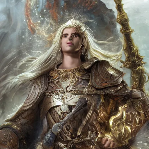 Image similar to Full body shot of beautiful male cleric with long flowing blonde hair wearing burnished bronze armour emblazoned with a swan on the breastplate. Wielding a magical scimitar embossed with the phases of the moon. Magic, bright divine lighting, flux. High fantasy, digital painting, HD, 4k, detailed by Ruan Jia