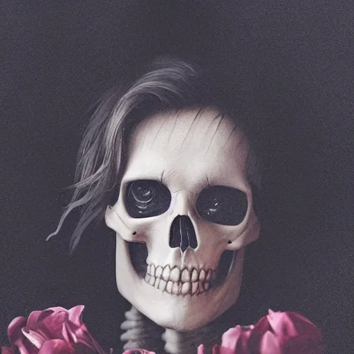 Prompt: cinematic shot epic portrait skeleton wearing a dark robe holding flowers with a tear falling, hyper realistic, mood lighting, fantasy, detailed face, highly detailed, super realistic, perfect lighting