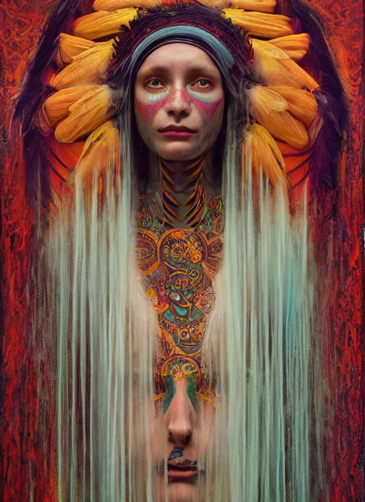 Image similar to Ayahuasca tripping cult magic psychic woman, subjective consciousness psychedelic, occult ritual, dark witch headdress, oil painting, robe, symmetrical face, greek dark myth, by John William Godward, Sean yoro, Anna Dittman, masterpiece