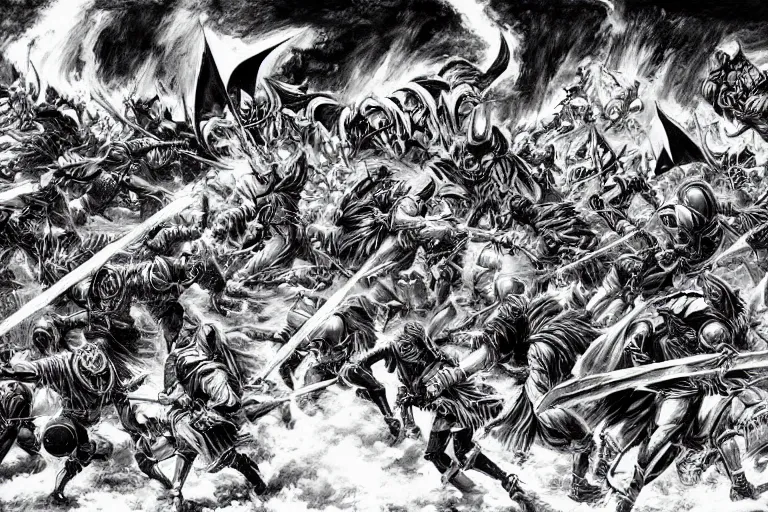 Prompt: epic battle scene of knights, high contrast, by kentaro miura