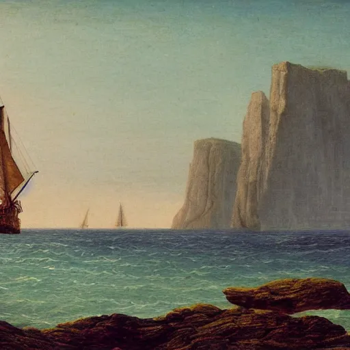 Prompt: a sailing ship in the wild sea, people watching it from a rock, clear blue sky, in the style of caspar david friedrich.