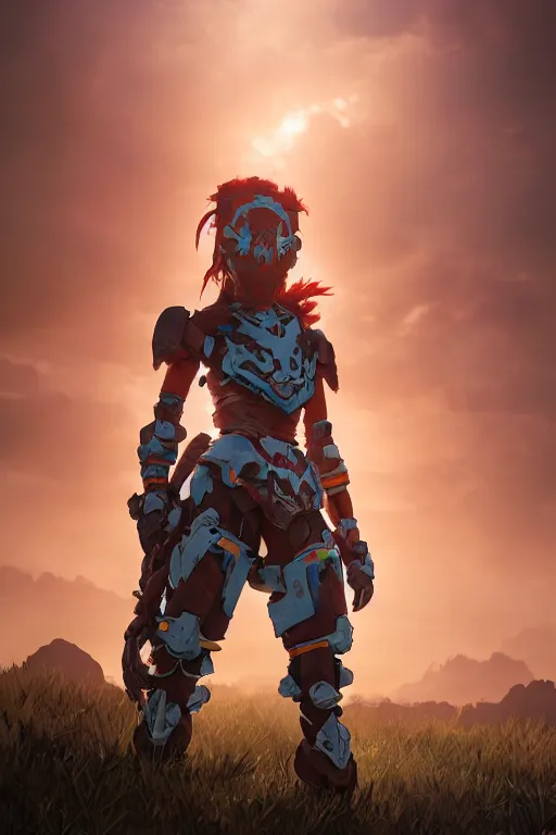 Image similar to combination suit armor aloy horizon forbidden west horizon zero dawn robot ninja mask helmet backpack tribal, aesthetic octane render, 8 k hd resolution, by ilya kuvshinov and cushart krentz and gilleard james radiating a glowing aura cgi rtx 2 0 2 2