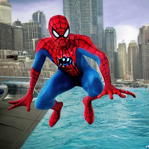 Image similar to photo real of spiderman swimming