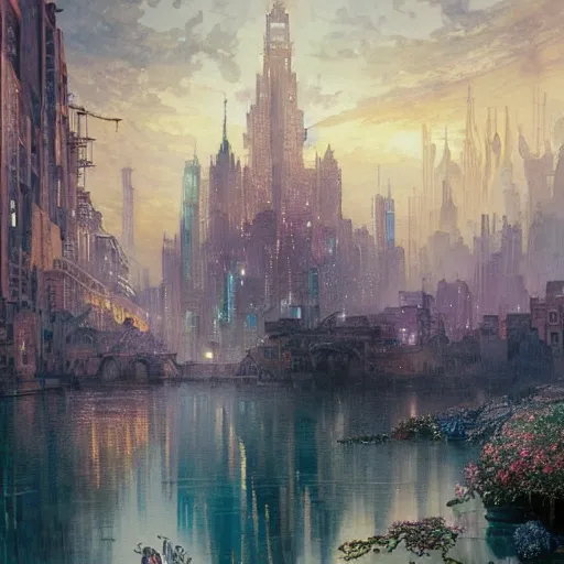 Image similar to a beautifull intricate watercolour painting of a floating ciberpunk cityscape with many flowers, reflexions, verry high details by william turner art, greg rutkowski and alphonse mucha, trending on artstation, very very detailed, masterpiece, - h 7 0 4