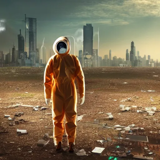 Prompt: a beautiful award-winning photo of the last man on Earth wearing a cybernetic hazmat suit, serene idyllic post-nuclear background, skyline of a derelict city in the background, volumetric lighting, very high quality, extremely detailed, subtle visual noise, 8K