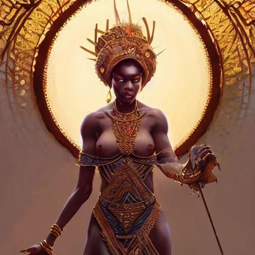 Prompt: an african goddess, kemetic, D&D, fantasy, intricate, elegant, highly detailed, digital painting, artstation, concept art, matte, sharp focus, illustration, art by Artgerm and Greg Rutkowski and Alphonse Mucha