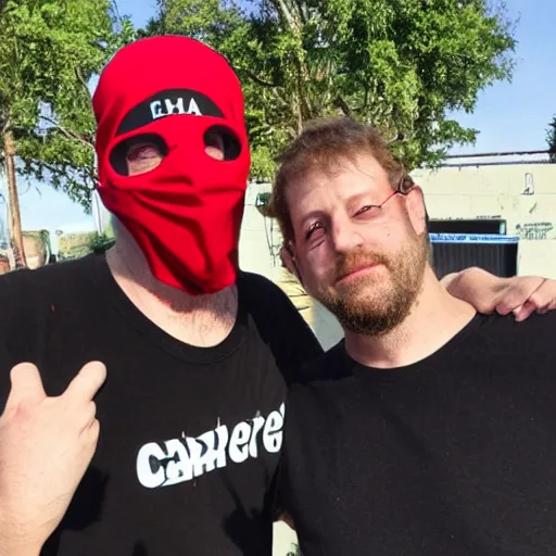 Image similar to ethan van sciver hanging out with a short stocky guy who wears a red ski mask over his face with black ski goggles, cargo shorts and a plain black t - shirt that says cash grab