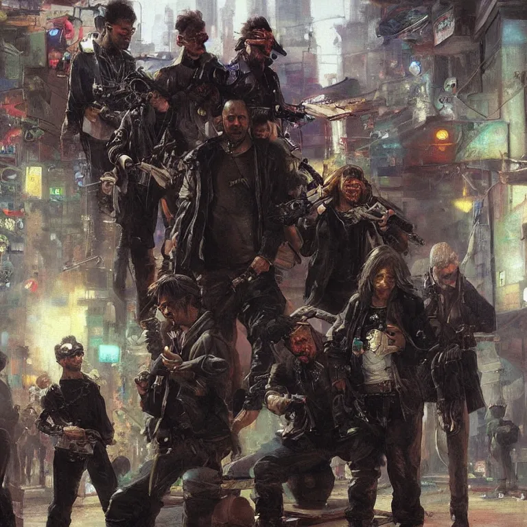 Image similar to hyperrealistic and beautiful painting of a rebellious gang outside of a gritty club, cyberpunk style, 8 k resolution, by ilya repin and george luks, polished, fine detail, intricate, concept art, artstation