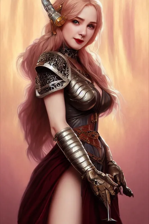 Image similar to Portrait of seductive female bard, D&D, revealing stylish dress like leather armor, choker on neck, long blonde or red hair, mouth slightly open, cute slightly nerdy smile, fantasy, intricate, elegant, highly detailed, digital painting, artstation, concept art, smooth, sharp focus, illustration, art by artgerm and greg rutkowski and alphonse mucha