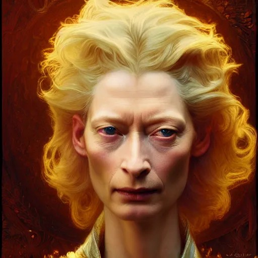 Image similar to young adult tilda swinton as lucifer morningstar, ornate long blond hair, natural lighting, path traced, highly detailed, high quality, digital painting, by gaston bussiere, craig mullins, alphonse mucha j. c. leyendecker