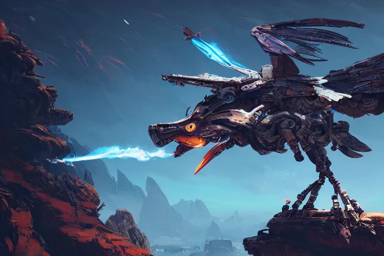 Image similar to stormbird machine mecanical creature robot of horizon forbidden west horizon zero dawn radiating a glowing aura global illumination ray tracing hdr fanart arstation by ian pesty and alena aenami artworks in 4 k