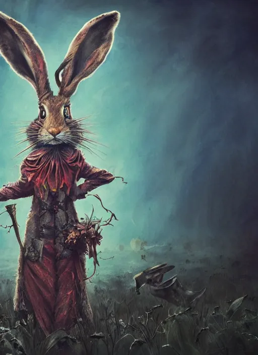 Image similar to the march hare, death tarot card, highly detailed, cinematic, 8 k, by megan duncanson, benjamin lacombe, adrian borda, stanley artgermm, tom bagshaw, craig mullins, carne griffiths, ayami kojima, beksinski, giger, trending on deviantart, hyper detailed, horror, full of colour