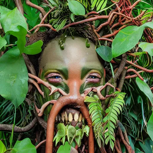 Prompt: jungle photograph of a creature with many vine limbs and a blooming flower head with teeth