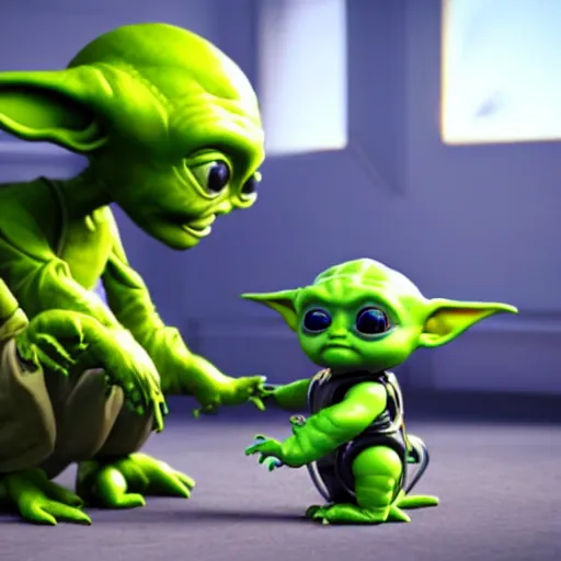 Image similar to real vintage photo, an alien baby meeting a little robot and baby yoda, detailed, hyper realistic, 4 k octan render, unreal 5