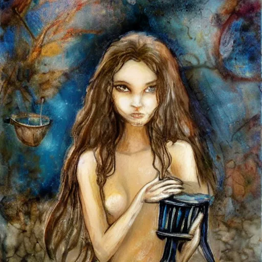 Image similar to painting in the style of lois royo of a single young girl, alone, with no one else around, sitting alone on her throne, drinking coffee. she has long dark hair, blue eyes, two arms, two legs, one torso and one head.