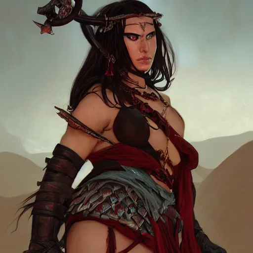 Image similar to portrait of a female berber barbarian tiefling with red skin, straight horns, black hair, ponytail, steel breastplate, in a desert, strong, fierce, fantasy, intricate, elegant, highly detailed, digital painting, artstation, concept art, character art, smooth, sharp focus, illustration, art by greg rutkowski and alphonse mucha