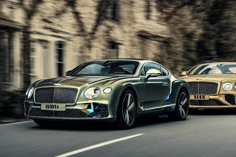 Image similar to Bentley Continental GT in shiny gold film drives along old Russian village road with houses houses around the edges