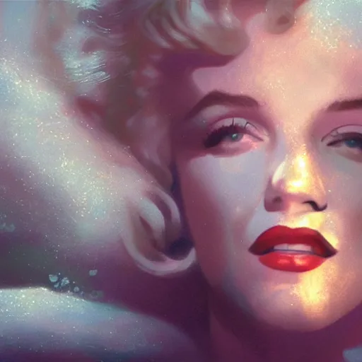 Prompt: Marilyn Monroe, underwater in the ocean at night, dark water, volumetric lighting, glowing lights, 4k, octane, digital painting, artstation, concept art, sharp focus, illustration, cinematic film still, art by artgerm and greg rutkowski and alphonse mucha , wide angle view,