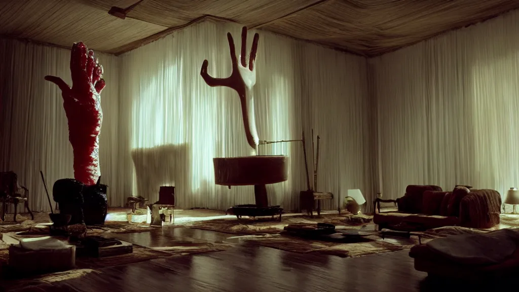 Image similar to giant hand made of wax and water floats through the living room, film still from the movie directed by Denis Villeneuve with art direction by Salvador Dalí, wide lens