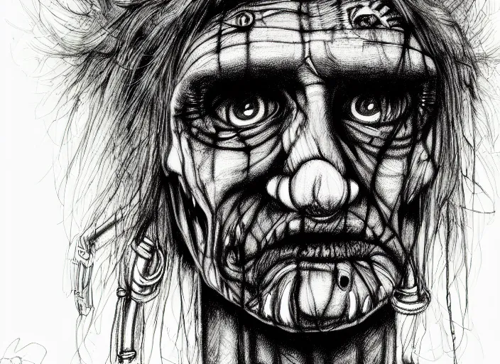 Prompt: an extremely detailed masterpiece grunge drawing of geronimo, in the style of richard avedon, after life, loony toons style, horror themed, detailed, elegant, intricate, trending on artstation, 4 k