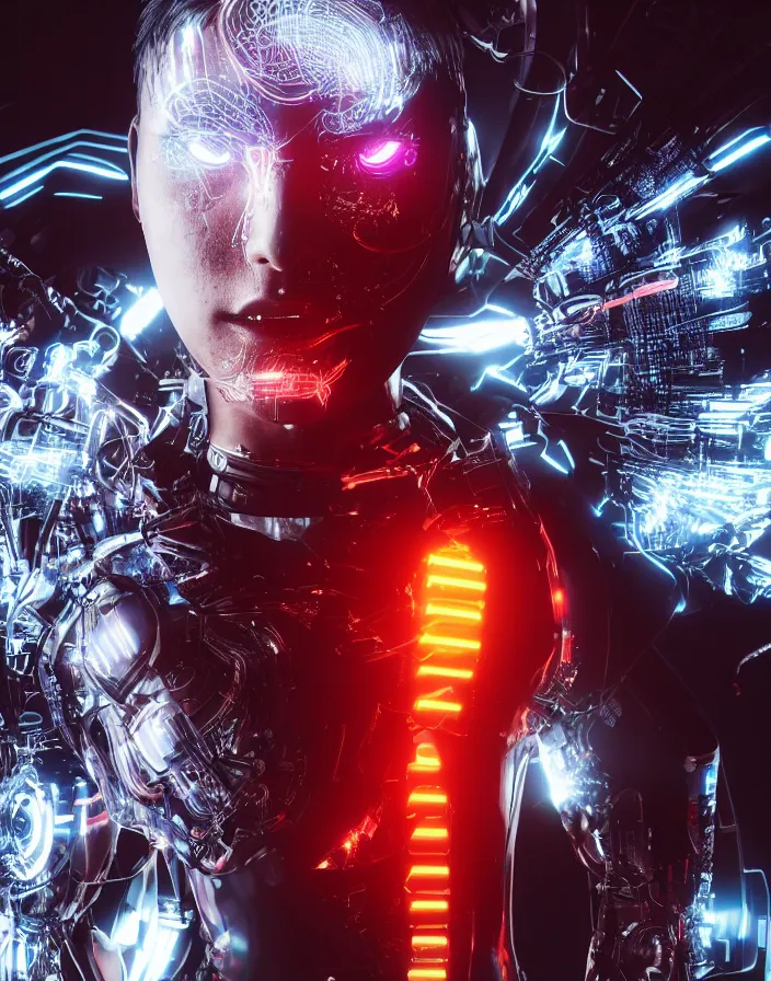 Image similar to full body portrait photo of japanese model cyborg with digital led skin, neon lighting, techno neon projector background, portrait photo, intricate details, ultra realistic, unreal engine 5, depth of field, bokeh, octane render, 8 k hd