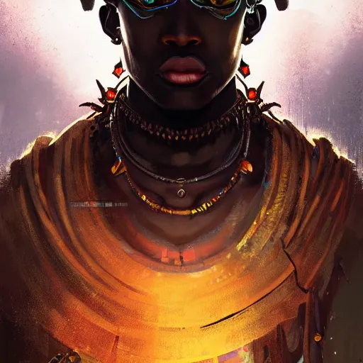 Prompt: a dark and ominous african moor with hypnotizing eyes and a golden crown with a ruby, Apex Legends character digital illustration portrait design, by android jones and greg rutkowski in a cyberpunk voodoo style, detailed, cinematic lighting, wide angle action dynamic portrait