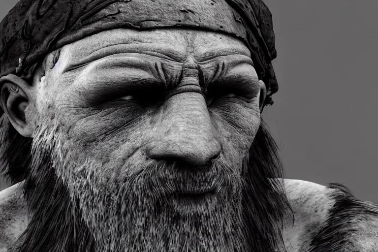 Image similar to still photo of stone age man looking at the camera in a battlefield, black and white color aesthetic, highly detailed, photorealistic portrait, bright studio setting, studio lighting, crisp quality and light reflections, unreal engine 5 quality render