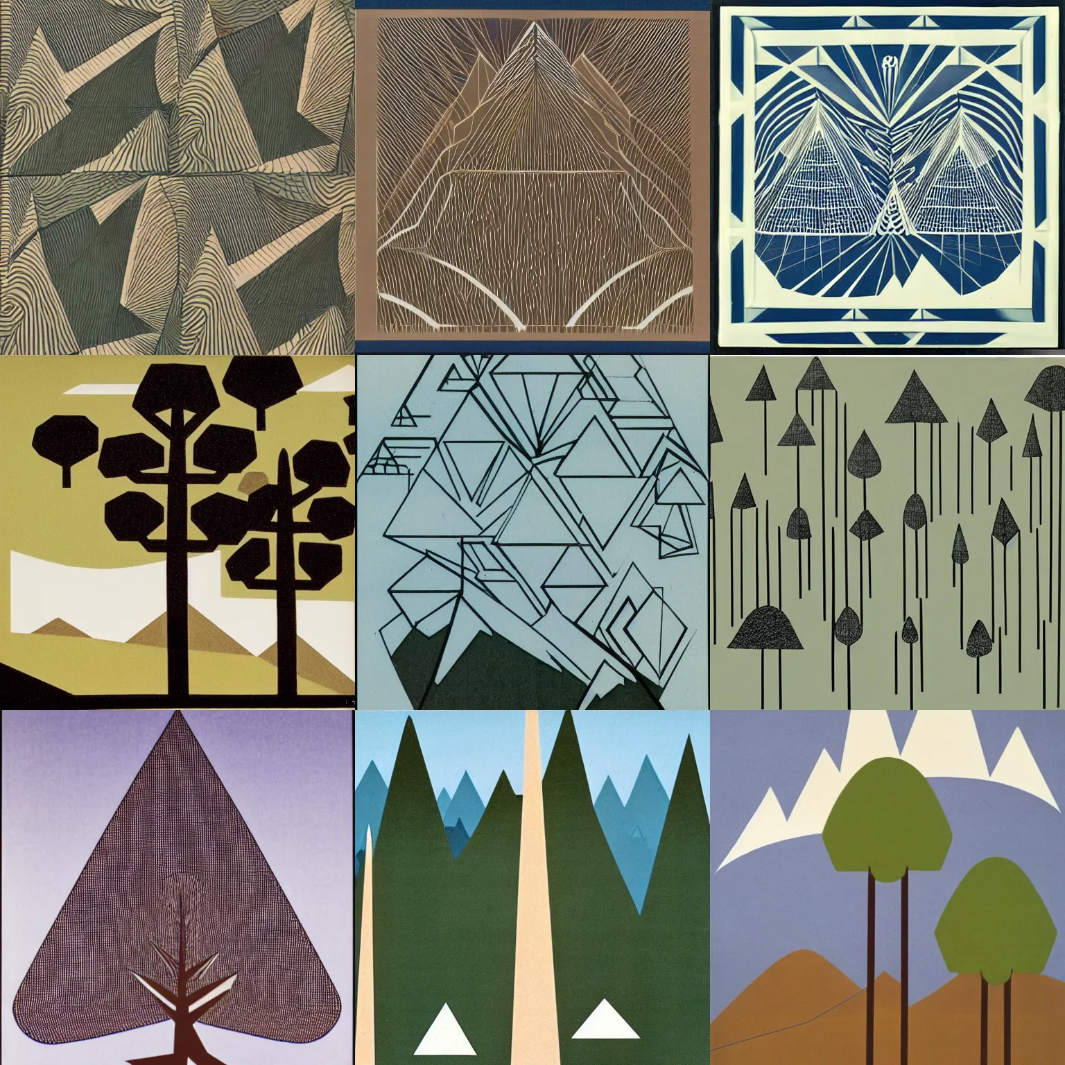 Prompt: 2D geometric trees and mountains, 1970s, pleasing