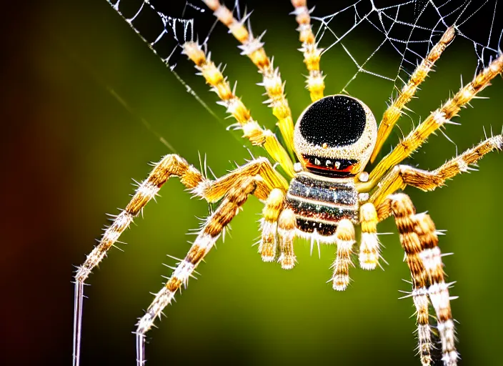 Image similar to macro portrait of a crystal spider in the forest. Fantasy magic style. Highly detailed 8k. Intricate. Nikon d850 300mm. Award winning photography.