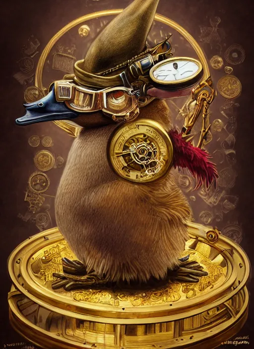 Image similar to athropomorphized rich duck capitalist sitting on pile of gold, wearing steampunk top hat, steampunk goggles, casting spell, concept art, insanely detailed and intricate, hypermaximalist, elegant, ornate, hyper realistic, super detailed, art deco, cinematic, trending on artstation, magic the gathering artwork