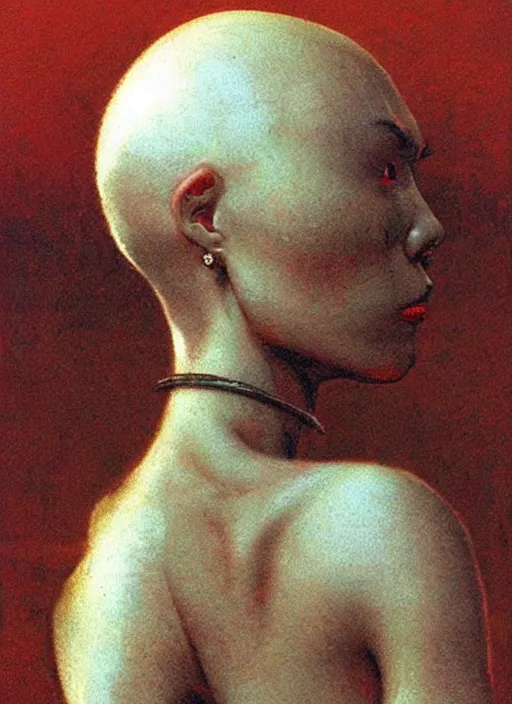 Prompt: bald barbarian asian girl by Beksinski and Luis Royo