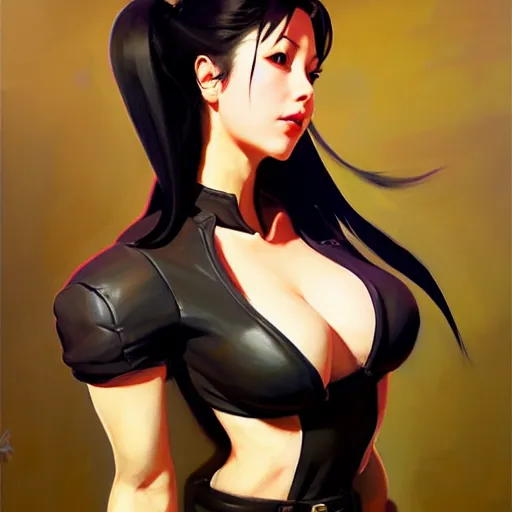 Image similar to Greg Manchess portrait painting o Tifa Lockheart as Overwatch character, medium shot, asymmetrical, profile picture, Organic Painting, sunny day, Matte Painting, bold shapes, hard edges, street art, trending on artstation, by Huang Guangjian and Gil Elvgren and Sachin Teng