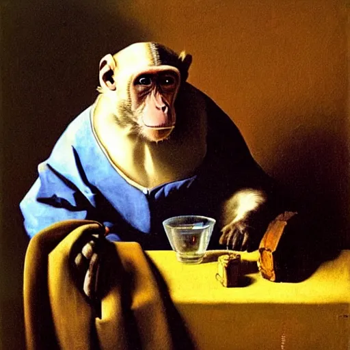 Image similar to Monkey smoking a Cuban cigar, oil on canvas, by Johannes Vermeer