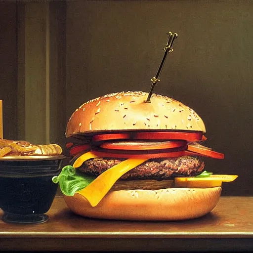 Prompt: Burger, baroque painting, mega detailed