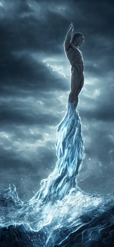 Image similar to humanoid colossus made of water, made of liquid, rising up from ocean, water armor, high detail, high contrast, close up portrait, studio lighting, stormy seas, beautiful, bokeh, snowy, storm clouds, god rays, d & d, fantasy, elegant, aquamarine color palette, concept art, roger deakins and greg rutkowski and alphonse mucha