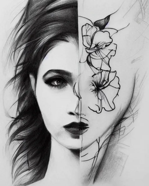 Image similar to tattoo design sketch of a beautiful woman face next to a faded background of beautiful mountains, hyper - realistic, in the style of den yakovlev, amazing detail, black and white